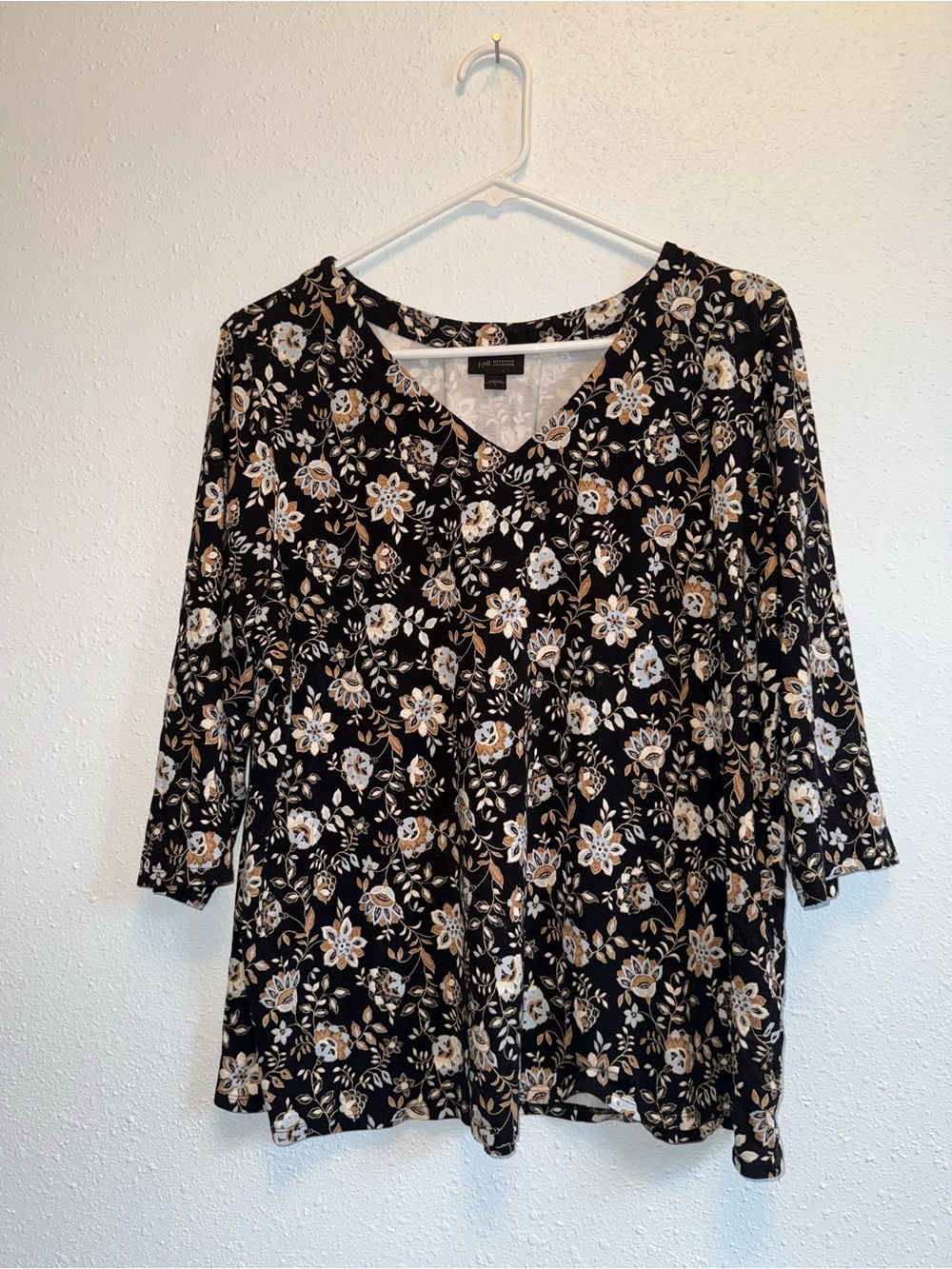 J. Jill Black Floral V-Neck Tunic with Cream and Tan Blooms